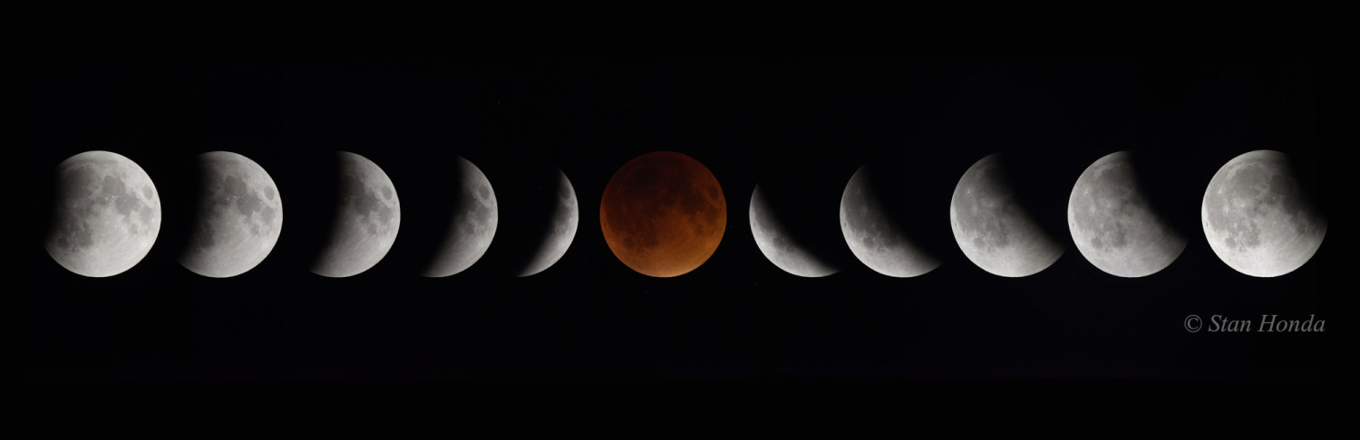 Sept. 27 total lunar eclipse. Partial phases photographed 10 minutes apart as the moon moved in and out of Earth's shadow.