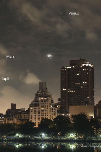 Oct. 9, 2015: The planets barely peeking out through clouds join a nice crescent moon. 