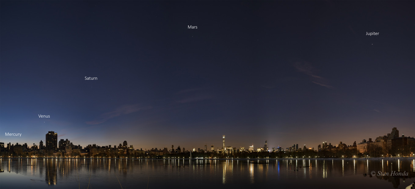 Jan. 25, 2016: First attempt at getting all five planets at the Central Park reservoir. Five image panorama. 