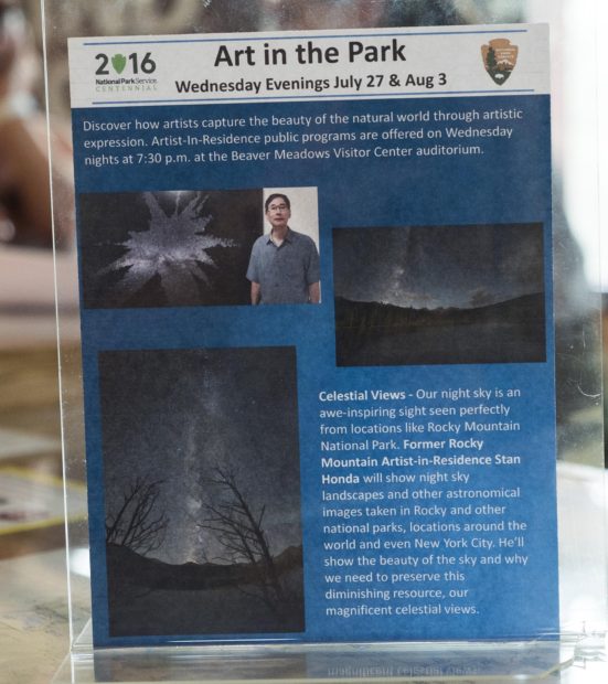 They made a nice flyer on display in the Beaver Meadows visitor center where I’ll be giving talks each Wednesday as part of the scheduled Art in the Park series. 
